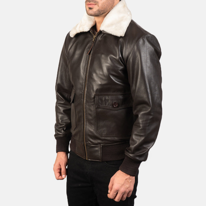 Brown Sheepskin Leather Bomber Jacket - Back View Showing Tailored Shoulder Fit & Clean Hemline