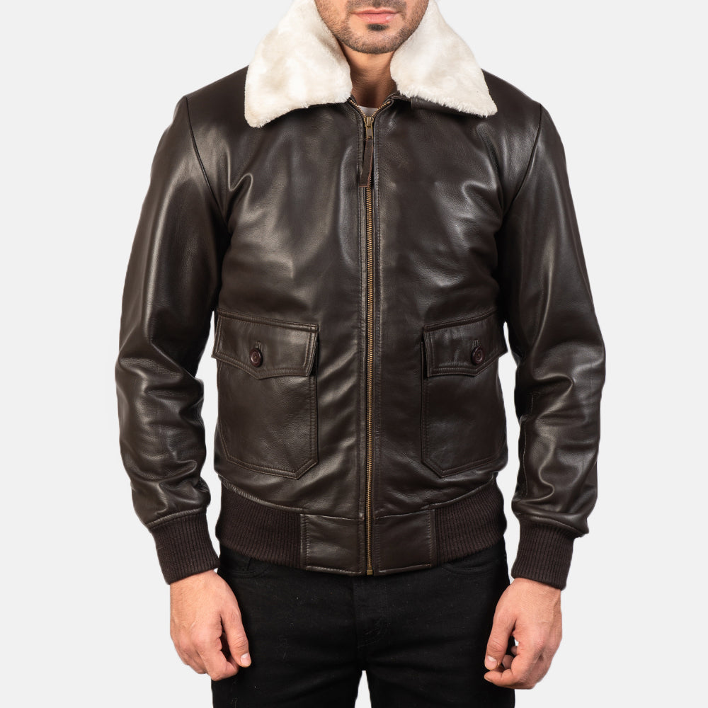 
Close-Up Detail of Shirt with Removable Fur & Zipper Hardware on Men's Airin G-1 Brown Leather Bomber Jacket