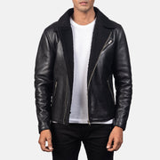 Men's Alberto Shearling Black Leather Jacket in Black Sheepskin Leather - Front Profile View &amp; Tailored Silhouette | Buy Online