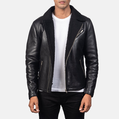 Men's Alberto Shearling Black Leather Jacket in Black Sheepskin Leather - Front Profile View & Tailored Silhouette | Buy Online