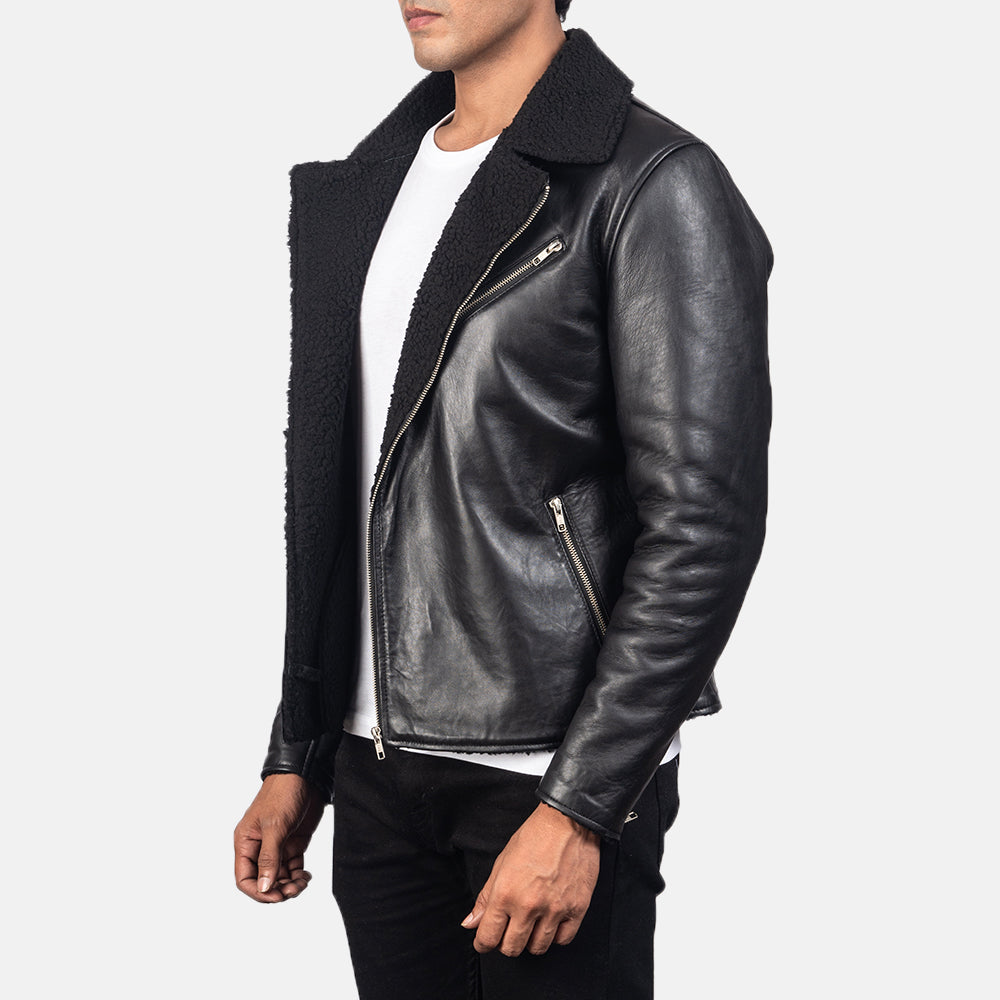 Black Sheepskin Leather Biker Jacket - Back View Showing Tailored Shoulder Fit &amp; Clean Hemline