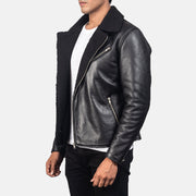 Black Sheepskin Leather Biker Jacket - Back View Showing Tailored Shoulder Fit &amp; Clean Hemline
