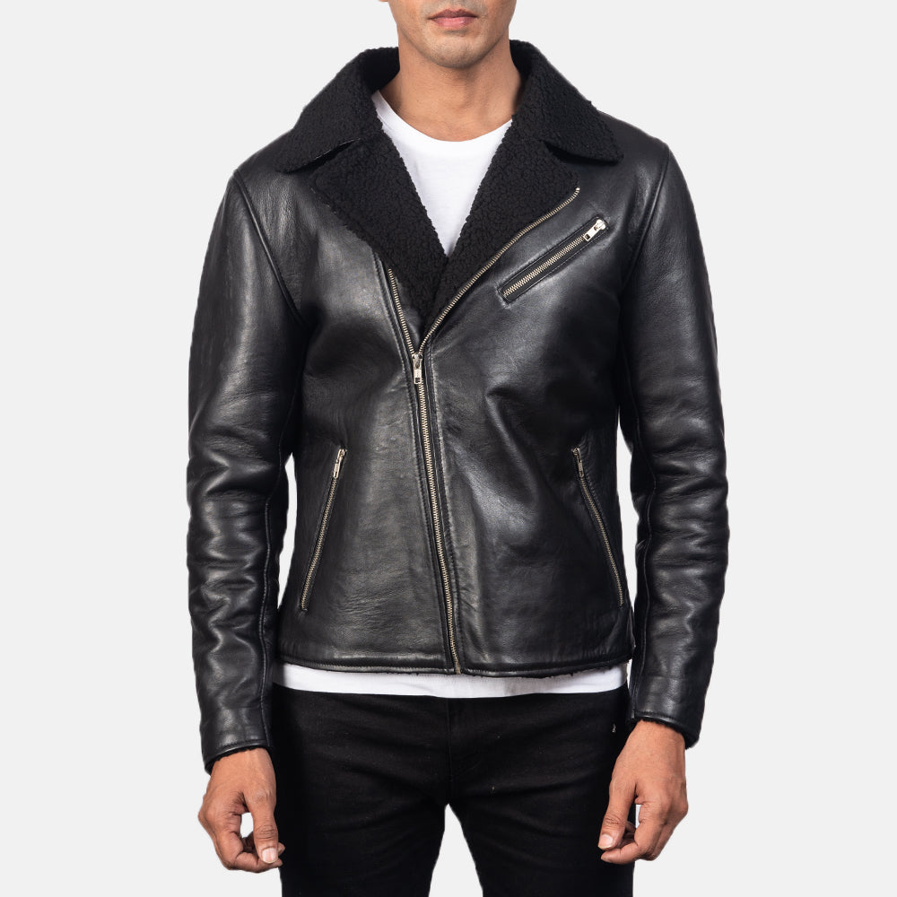 Men's Alberto Shearling Black Leather Jacket - Lateral Side Profile View Showing Sleeve Cut &amp; Athletic Taper Fit
