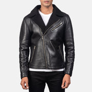 Men's Alberto Shearling Black Leather Jacket - Lateral Side Profile View Showing Sleeve Cut &amp; Athletic Taper Fit