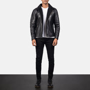 Close-Up Detail of Notch &amp; Zipper Hardware on Men's Alberto Shearling Black Leather Jacket