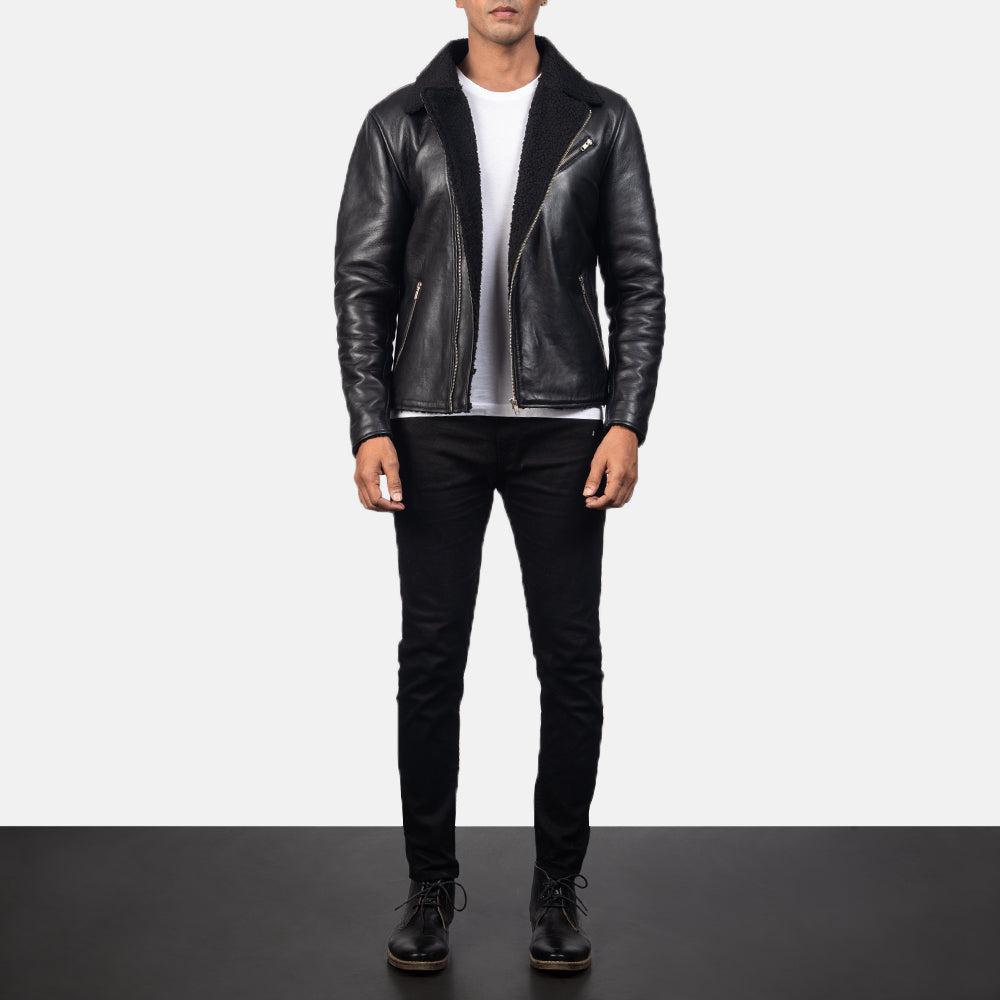 Close-Up Detail of Notch & Zipper Hardware on Men's Alberto Shearling Black Leather Jacket