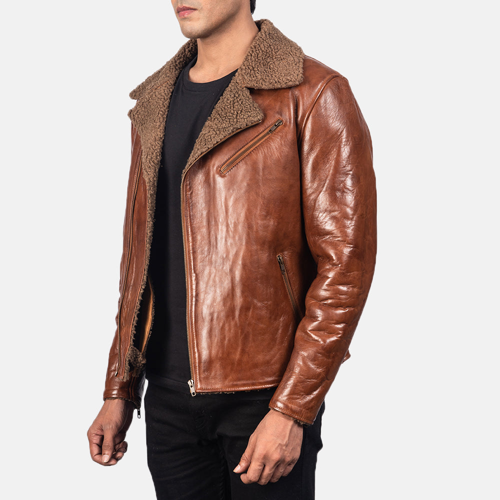 
Brown Sheepskin Leather Biker Jacket - Back View Showing Tailored Shoulder Fit & Clean Hemline