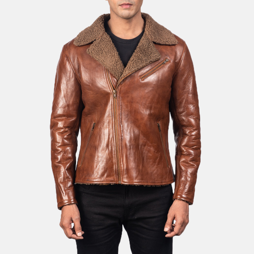 Men's Alberto Shearling Brown Leather Jacket - Lateral Side Profile View Showing Sleeve Cut & Athletic Taper Fit