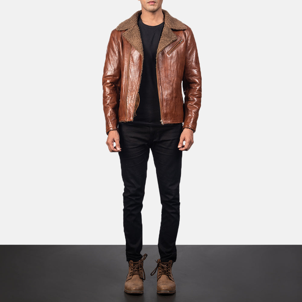 
Close-Up Detail of Notch & Zipper Hardware on Men's Alberto Shearling Brown Leather Jacket