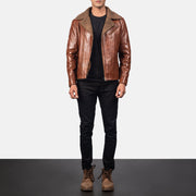 
Close-Up Detail of Notch & Zipper Hardware on Men's Alberto Shearling Brown Leather Jacket