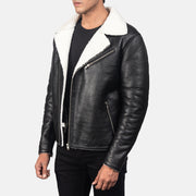 Black Sheepskin Leather Biker Jacket - Back View Showing Tailored Shoulder Fit &amp; Clean Hemline