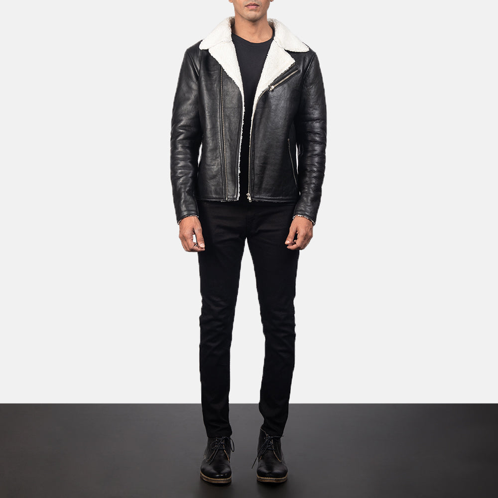 Close-Up Detail of Notch & Zipper Hardware on Men's Alberto White Shearling Black Leather Jacket