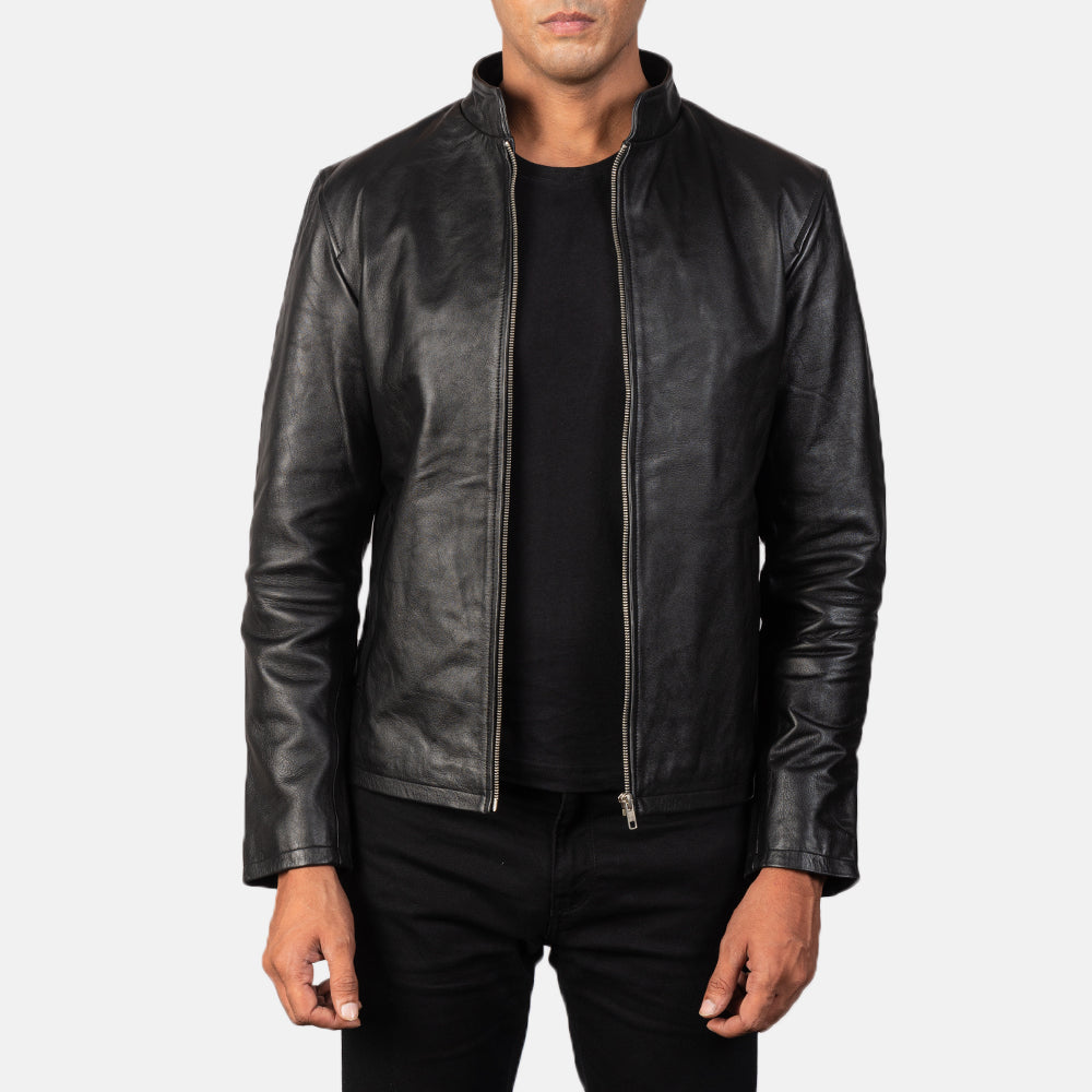 Men's Alex Black Leather Biker Jacket in Black Cowhide Leather - Front Profile View &amp; Tailored Silhouette | Buy Online