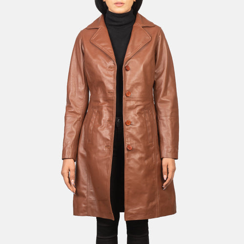 Women's Alexis Brown Single Breasted Leather Coat in Brown Cowhide Leather - Front Profile View & Tailored Silhouette | Buy Online