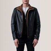 Alfred Brown Leather Bomber Jacket For Men in Brown Sheepskin Leather - Front Profile View &amp; Tailored Silhouette | Buy Online