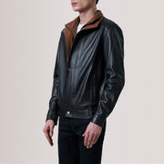 Alfred Brown Leather Bomber Jacket For Men - Lateral Side Profile View Showing Sleeve Cut &amp; Athletic Taper Fit
