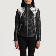 Women's Alia Metallic Black Leather Biker Jacket - Lateral Side Profile View Showing Sleeve Cut &amp; Athletic Taper Fit