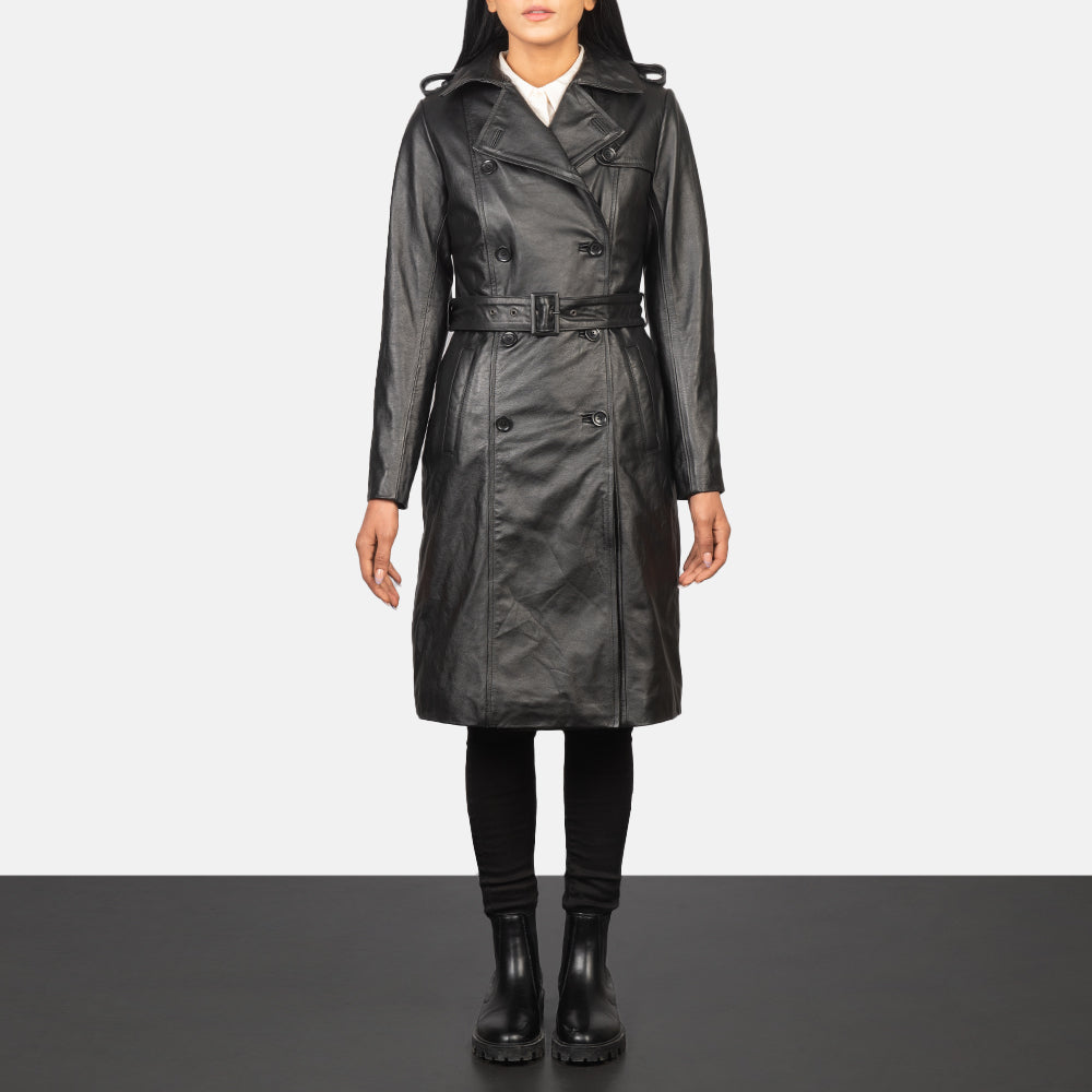 Women's Alice Black Double Breasted Leather Coat in Black Cowhide Leather - Front Profile View &amp; Tailored Silhouette | Buy Online