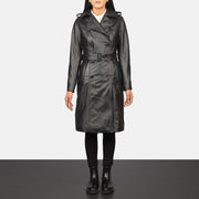 Women's Alice Black Double Breasted Leather Coat in Black Cowhide Leather - Front Profile View &amp; Tailored Silhouette | Buy Online