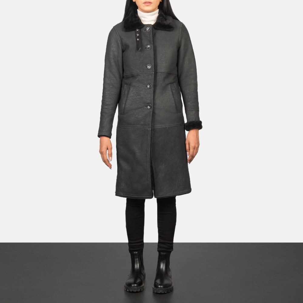 Women's Alina Shearling Black Leather Coat in Distressed Black Sheepskin Leather - Front Profile View & Tailored Silhouette | Buy Online