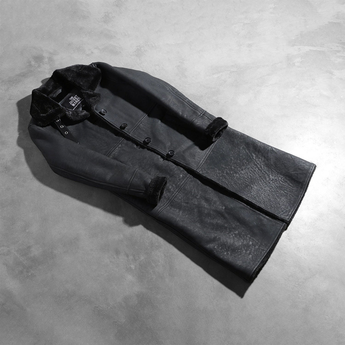 
Open Hem & Hem Craftsmanship Construction Detail on Women's Alina Shearling Black Leather Coat