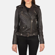 Close-Up Detail of Notch &amp; Zipper Hardware on Women's Alison Brown Leather Biker Jacket