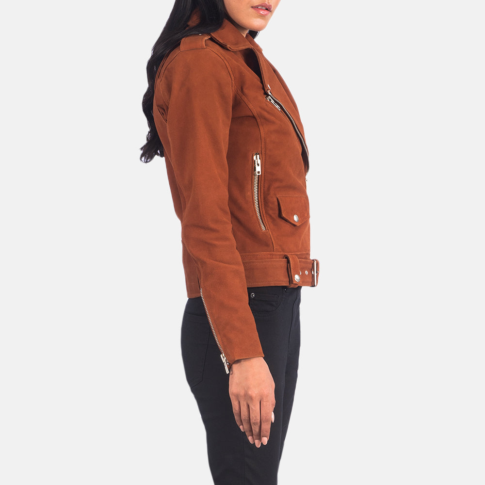 Brown Goatskin Suede Biker Jacket - Back View Showing Tailored Shoulder Fit & Clean Hemline