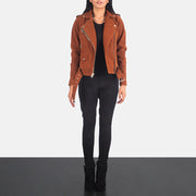 Women's Alison Brown Suede Biker Jacket - Lateral Side Profile View Showing Sleeve Cut &amp; Athletic Taper Fit