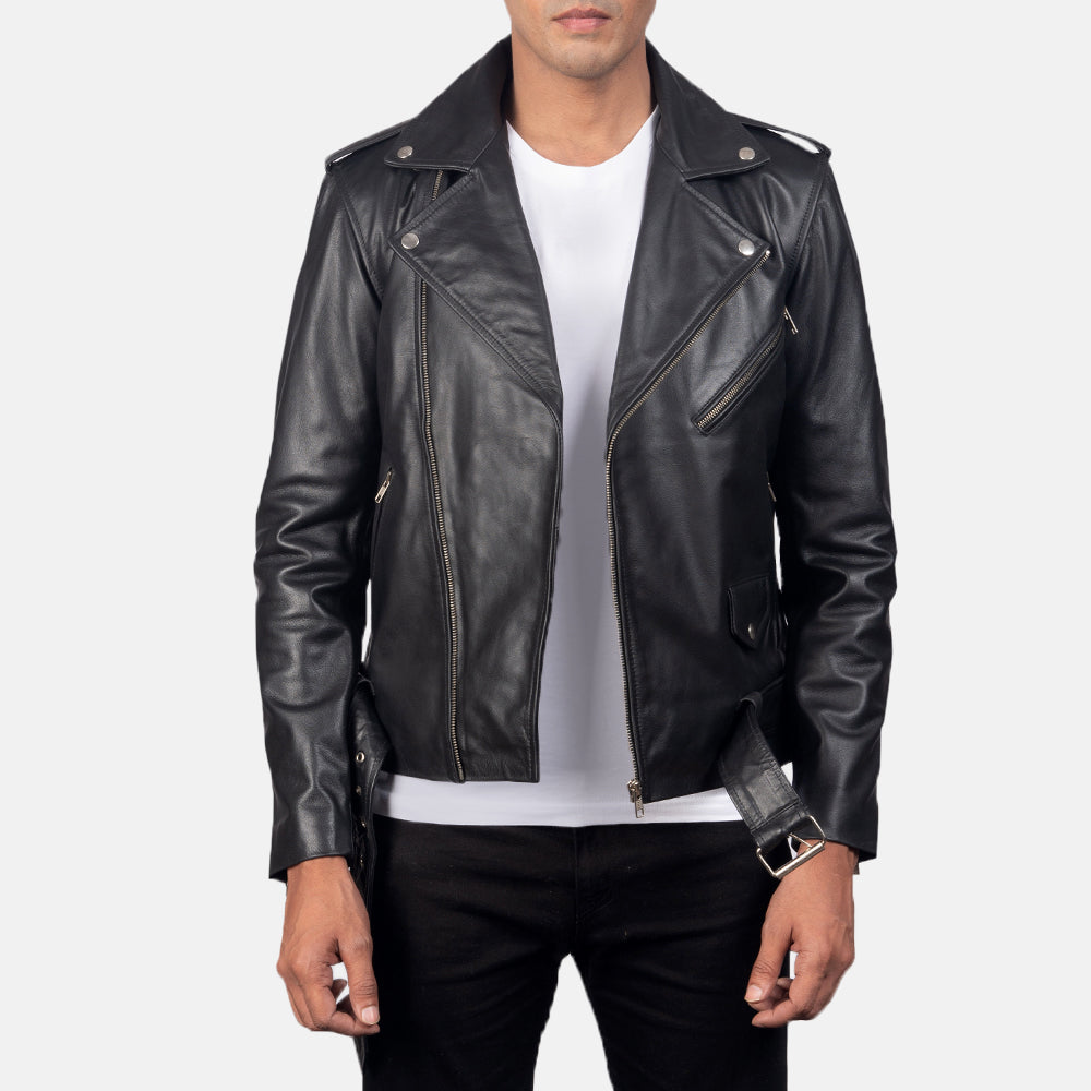 
Men's Allaric Alley Black Leather Biker Jacket in Black Cowhide Leather - Front Profile View & Tailored Silhouette | Buy Online