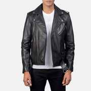 
Men's Allaric Alley Black Leather Biker Jacket in Black Cowhide Leather - Front Profile View & Tailored Silhouette | Buy Online