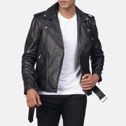 
Close-Up Detail of Notch & Zipper & Waist belt Hardware on Men's Allaric Alley Black Leather Biker Jacket