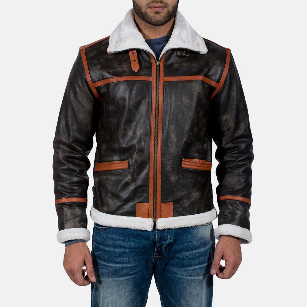 Men's Alpine Brown Fur Leather Jacket in Distressed Brown Goatskin Leather - Front Profile View & Tailored Silhouette | Buy Online