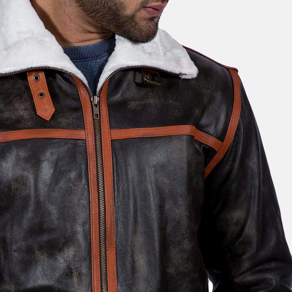 Men's Alpine Brown Fur Leather Jacket - Lateral Side Profile View Showing Sleeve Cut & Athletic Taper Fit