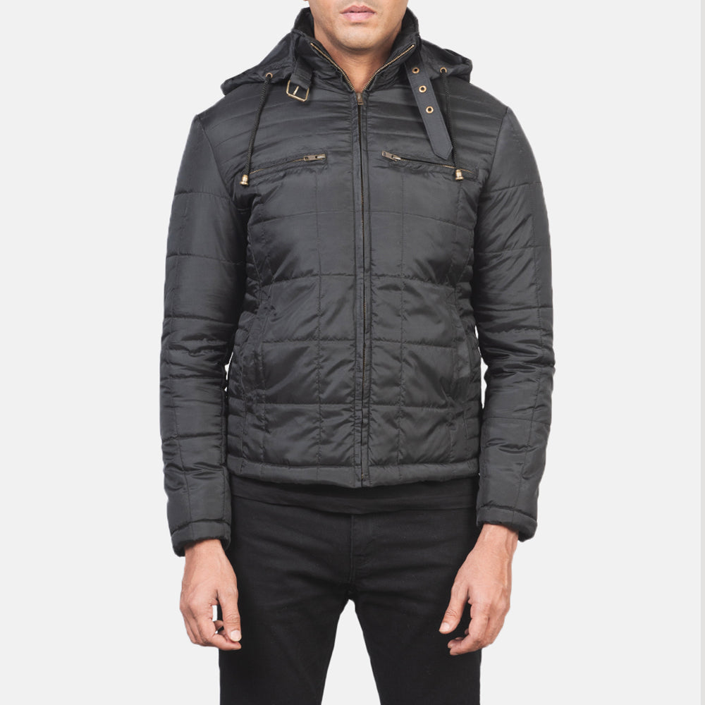 
Close-Up Detail of High neck with Belt & Zipper Hardware on Men's Alps Quilted Black Windbreaker Jacket