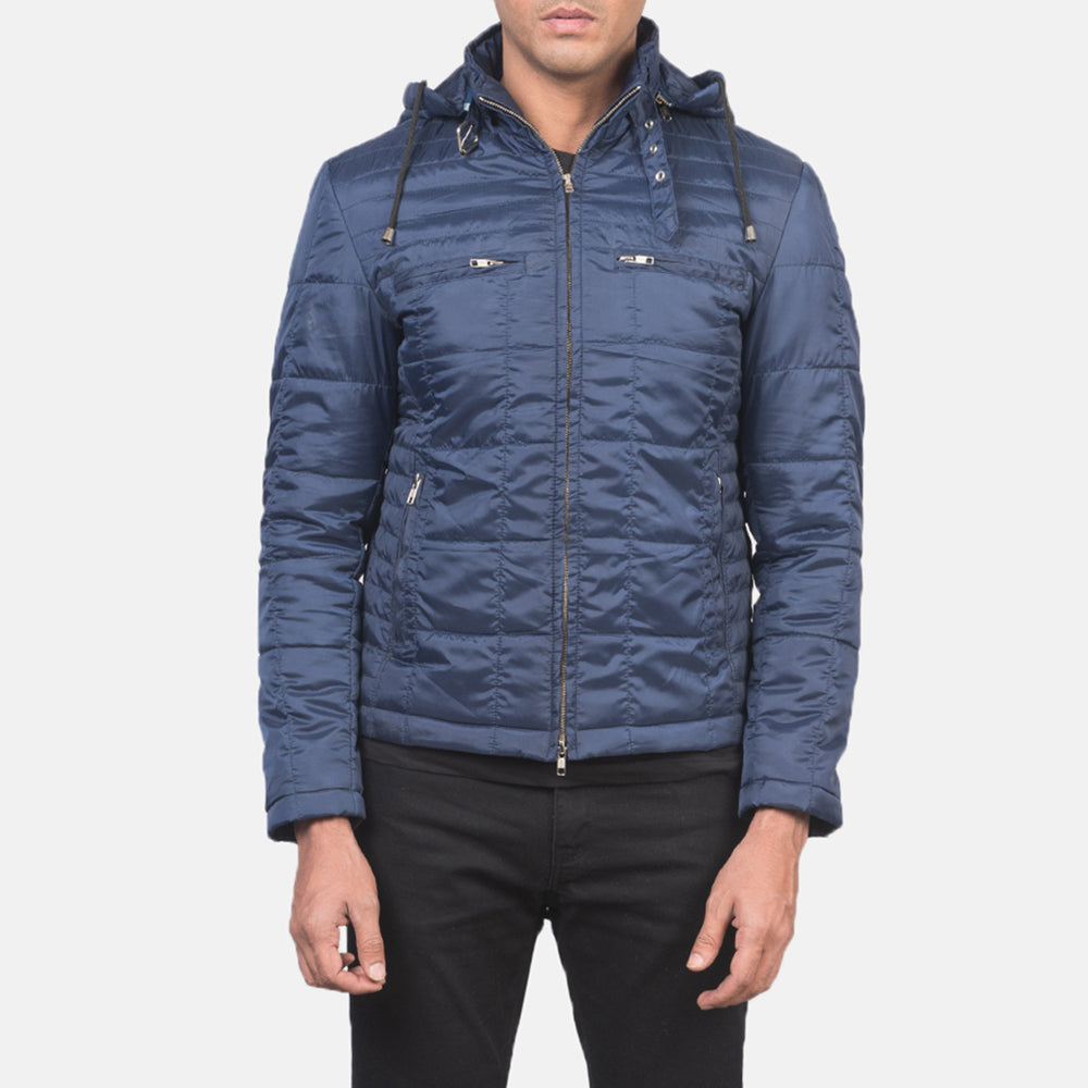 Men's Alps Quilted Blue Windbreaker Jacket - Lateral Side Profile View Showing Sleeve Cut &amp; Athletic Taper Fit