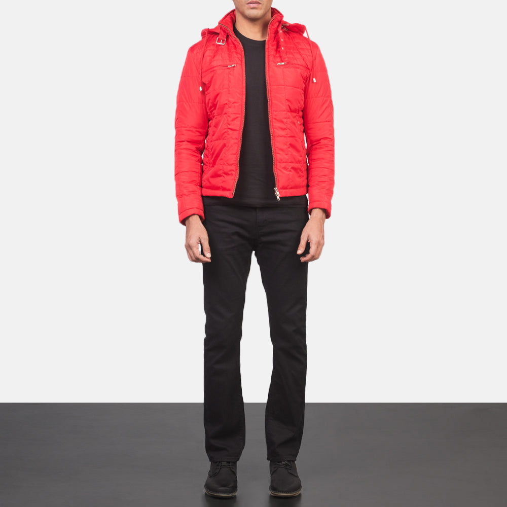 Men's Alps Quilted Red Windbreaker Jacket - Lateral Side Profile View Showing Sleeve Cut & Athletic Taper Fit