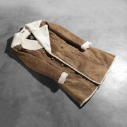 
Open Hem & Hem Craftsmanship Construction Detail on Women's Amie Distressed Brown Double Breasted Shearling Coat