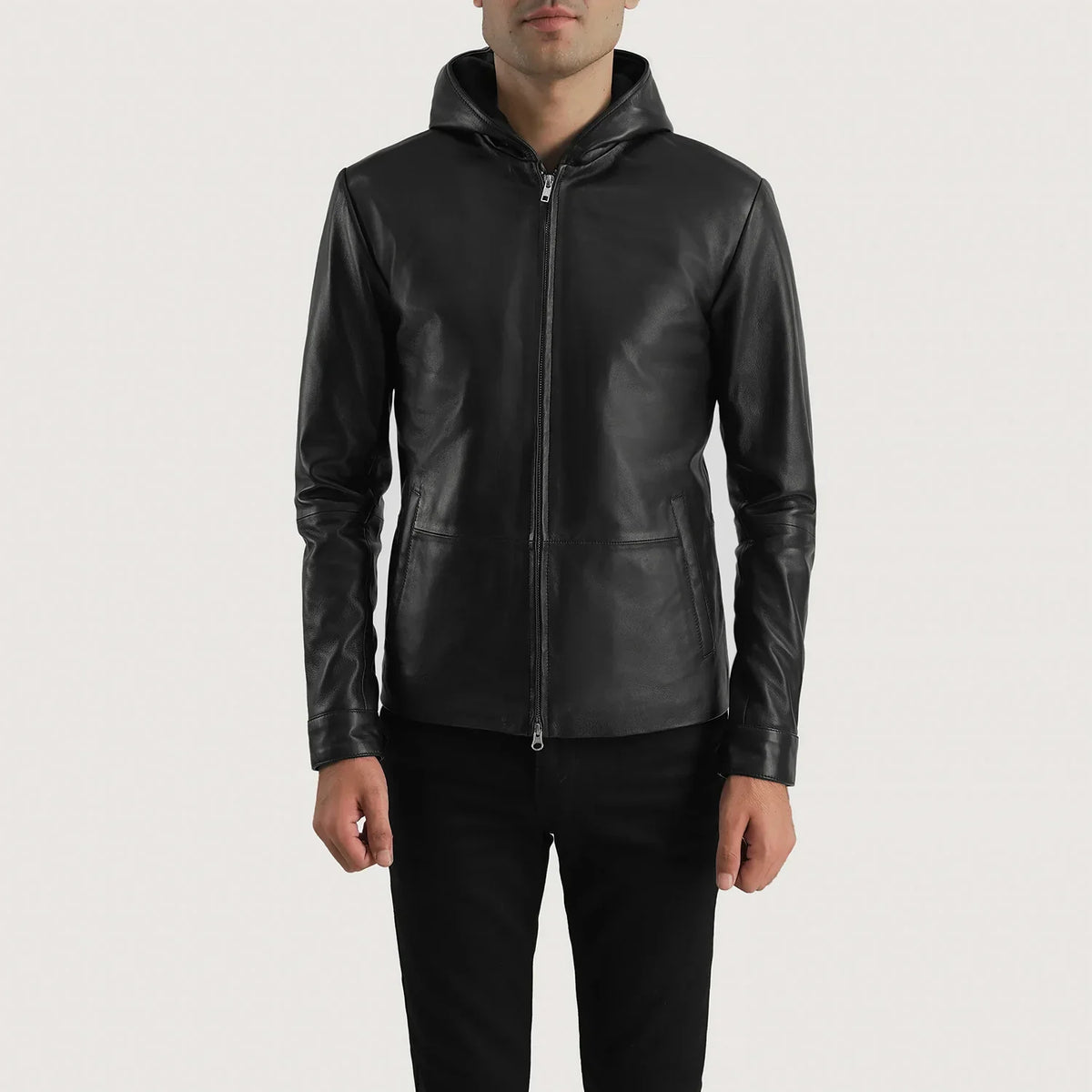 Men's Andy Matte Black Hooded Leather Jacket in Matte Black Sheepskin Leather - Front Profile View &amp; Tailored Silhouette | Buy Online