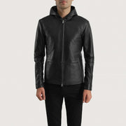 Men's Andy Matte Black Hooded Leather Jacket in Matte Black Sheepskin Leather - Front Profile View &amp; Tailored Silhouette | Buy Online