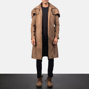Men's Army Brown Leather Duster in Distressed Brown Sheepskin Snuffed - Front Profile View &amp; Tailored Silhouette | Buy Online