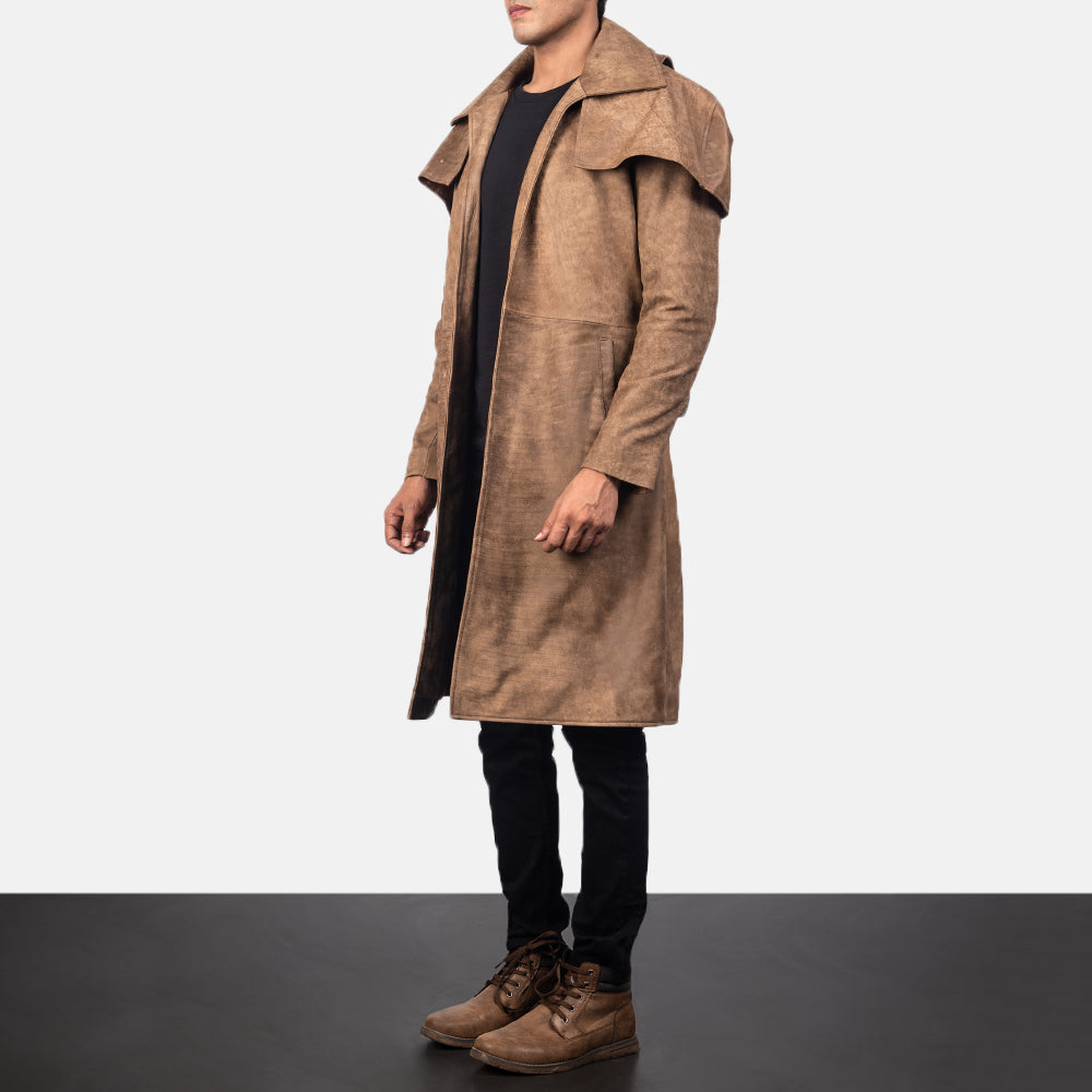 Distressed Brown Sheepskin Snuffed Trench Coat - Back View Showing Tailored Shoulder Fit &amp; Clean Hemline