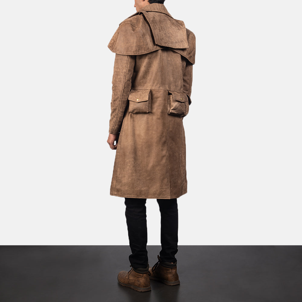 Men's Army Brown Leather Duster - Lateral Side Profile View Showing Sleeve Cut &amp; Athletic Taper Fit