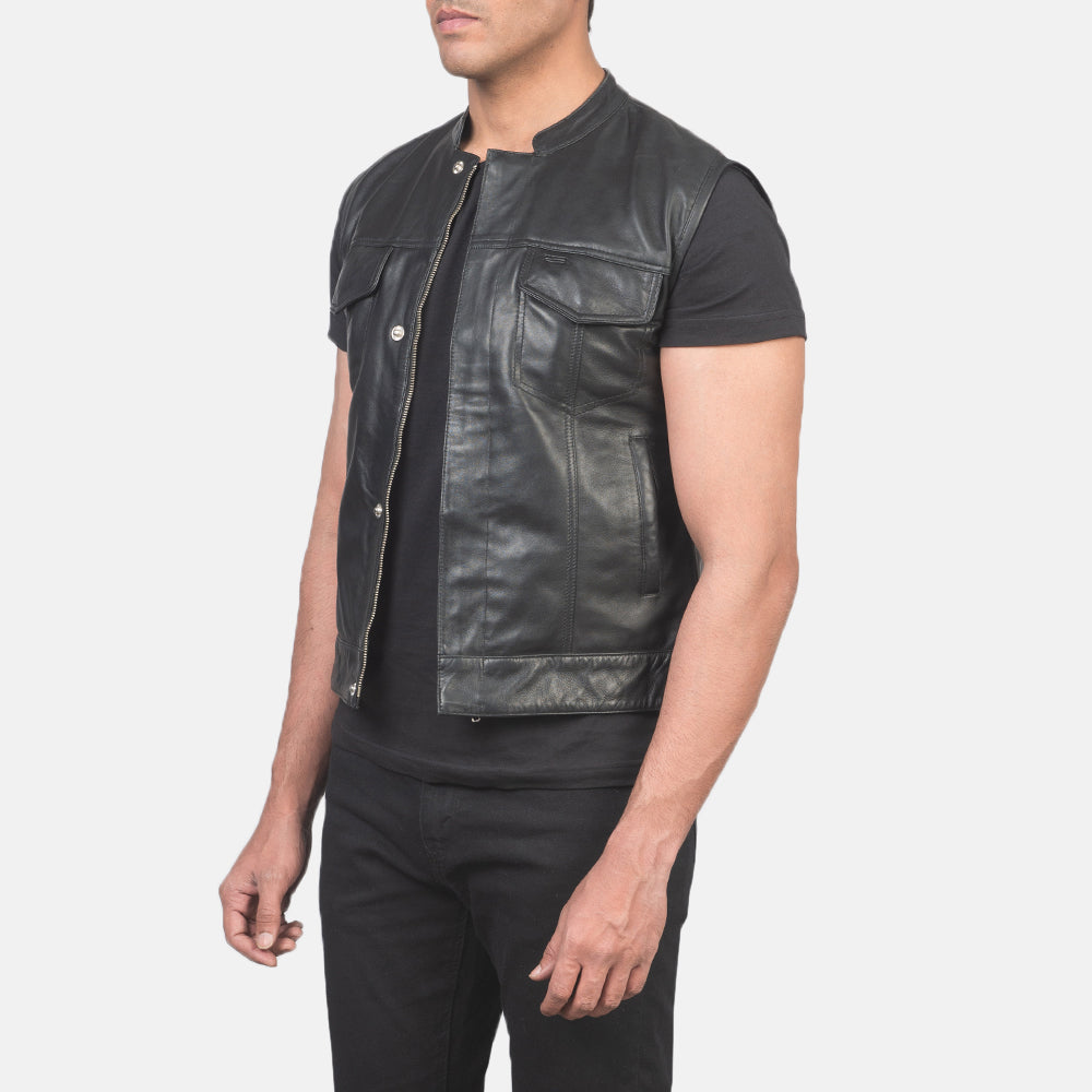 
Black Sheepskin Leather Biker Jacket - Back View Showing Tailored Shoulder Fit & Clean Hemline