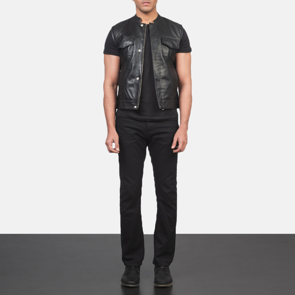 
Men's Atlas Moto Black Leather Vest - Lateral Side Profile View Showing Sleeve Cut & Athletic Taper Fit