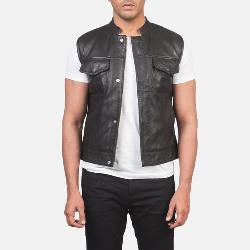Men's Atlas Moto Brown Leather Vest in Brown Sheepskin Leather - Front Profile View & Tailored Silhouette | Buy Online