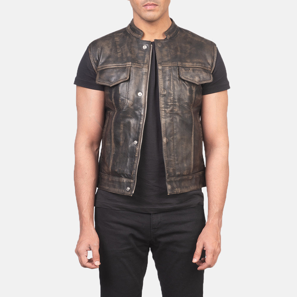 
Men's Atlas Moto Distressed Brown Leather Vest in Distressed Brown Sheepskin Leather - Front Profile View & Tailored Silhouette | Buy Online