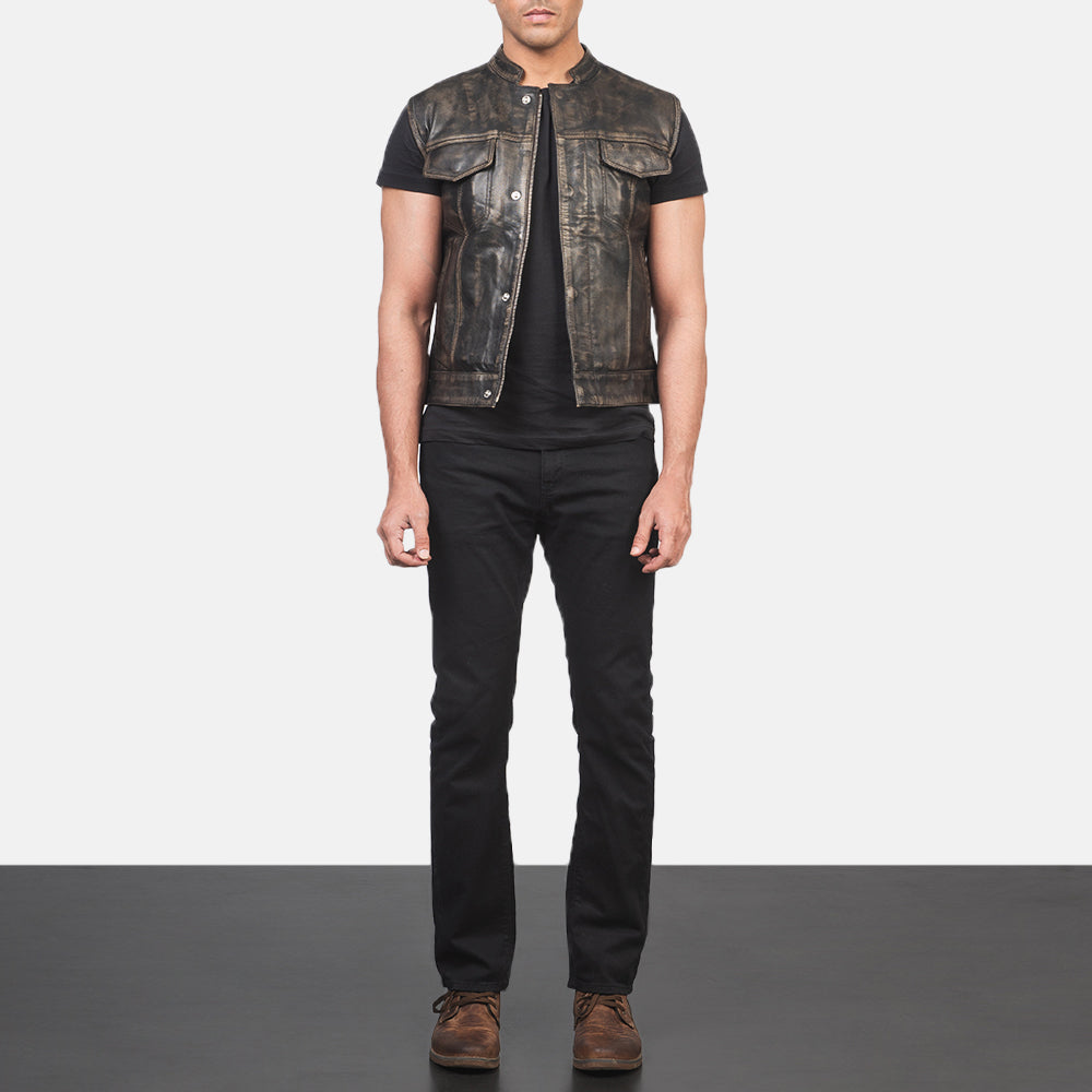 
Men's Atlas Moto Distressed Brown Leather Vest - Lateral Side Profile View Showing Sleeve Cut & Athletic Taper Fit