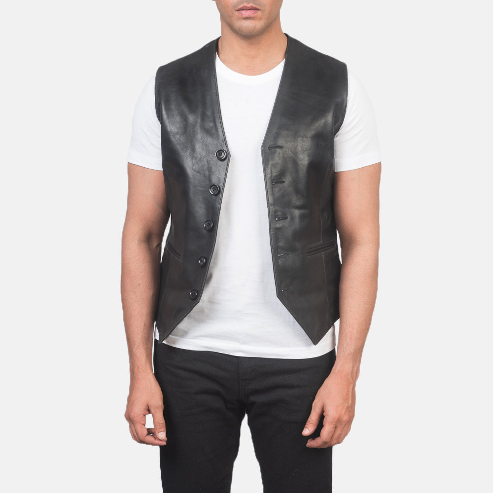 
Men's Auden Black Leather Vest in Black Cowhide Leather - Front Profile View & Tailored Silhouette | Buy Online