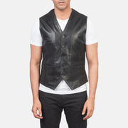
Close-Up Detail of Classic Collar & 5 Button Hardware on Men's Auden Black Leather Vest