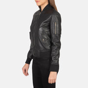 Black Sheepskin Leather Bomber Jacket - Back View Showing Tailored Shoulder Fit &amp; Clean Hemline